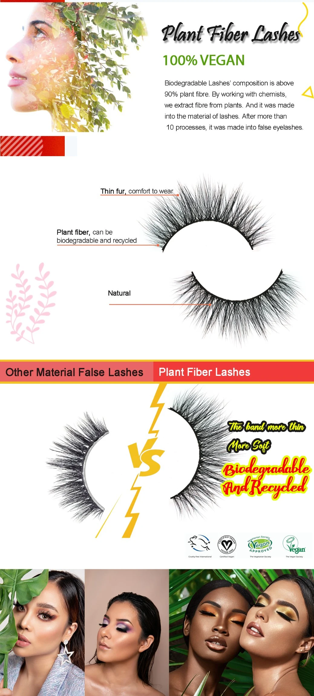 China Wholesale Plant Fiber Lashes Natural 18mm 3D Strip Eyelash Short Fluffy Softer Vegan Ecological False Lashes Eyelashes with Private Label